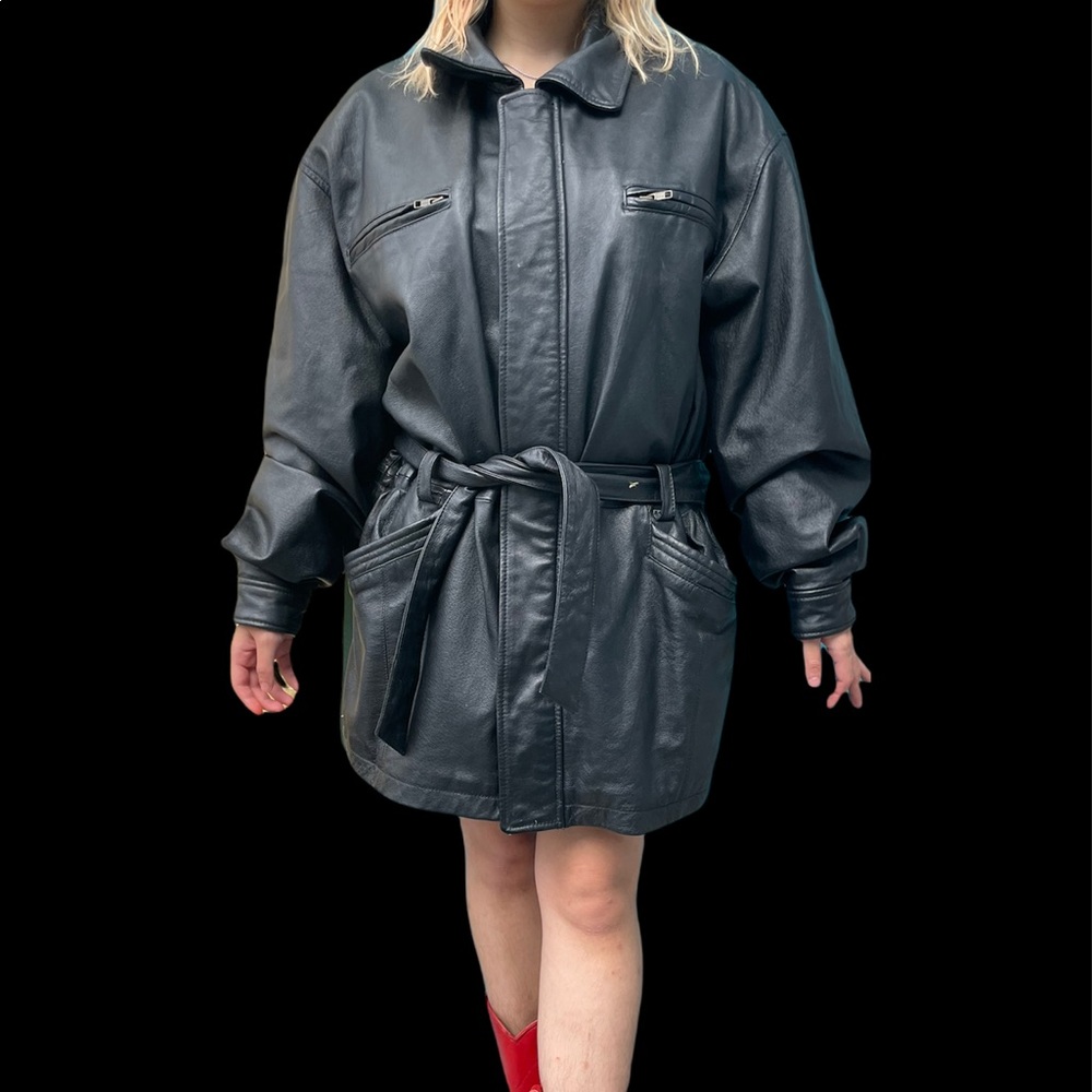 Black Wilson’s leather jacket/trench coat with belt